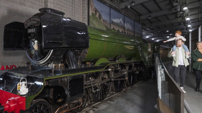 Visitors by The Flying Scotsman at the National Railway Museum