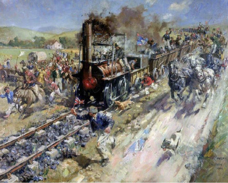 A steam-powered locomotive engine sets off, pulling wagons loaded with excited passengers