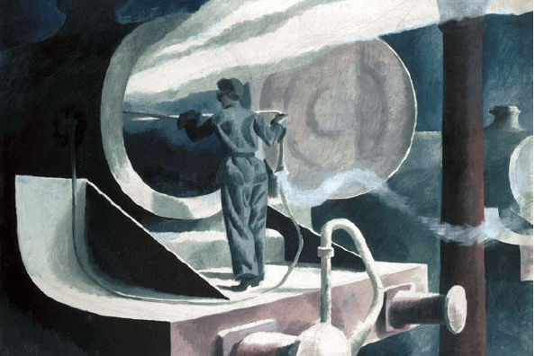 An abstract painting of a person cleaning out a steam train