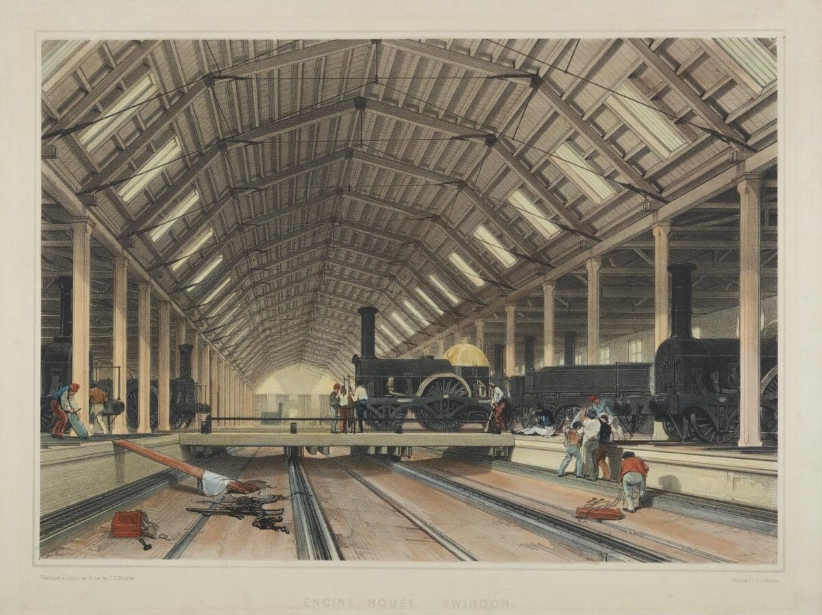 Coloured lithograph showing the Engine House at Swindon