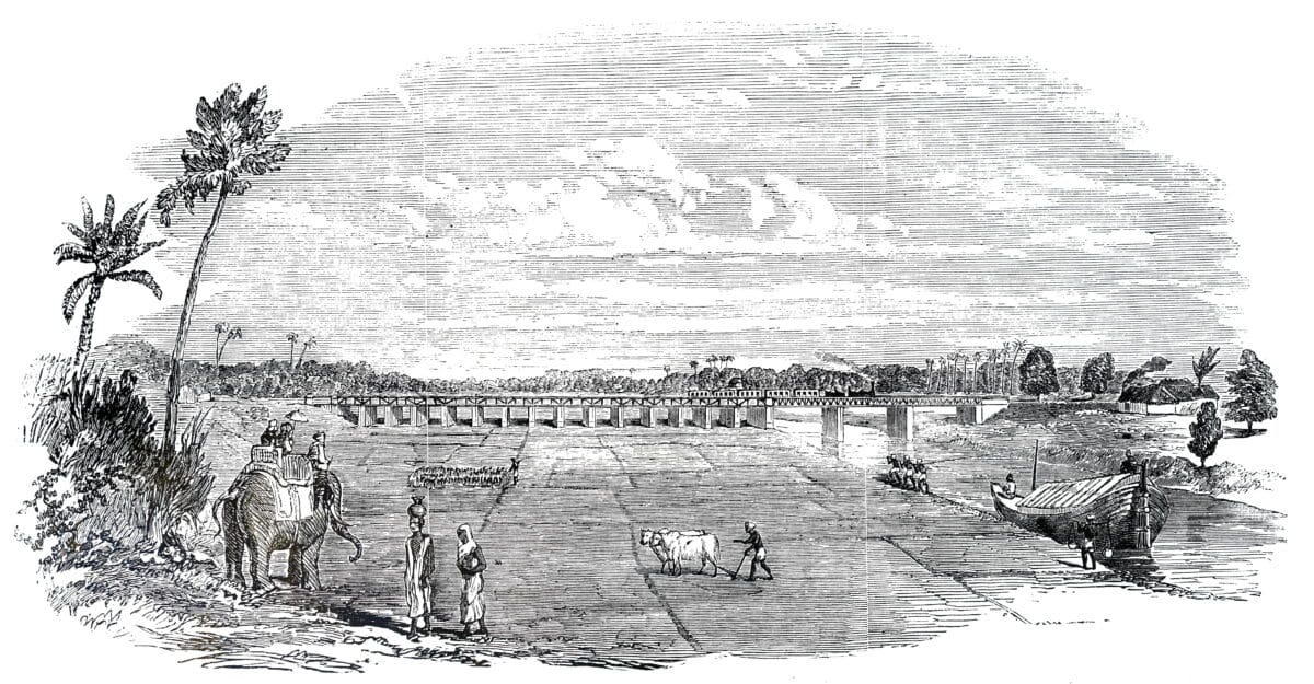 Engraving depicting a train crossing the Sursuttee Bridge and Viaduct, India
