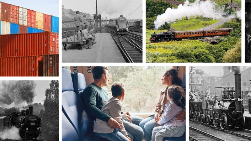A collage of historic rail images including black and white images of people on trains and old train stations