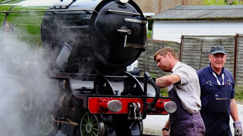Green Goddess steam locomotive being worked on at Romney, Hythe and Dymchurch miniature railway