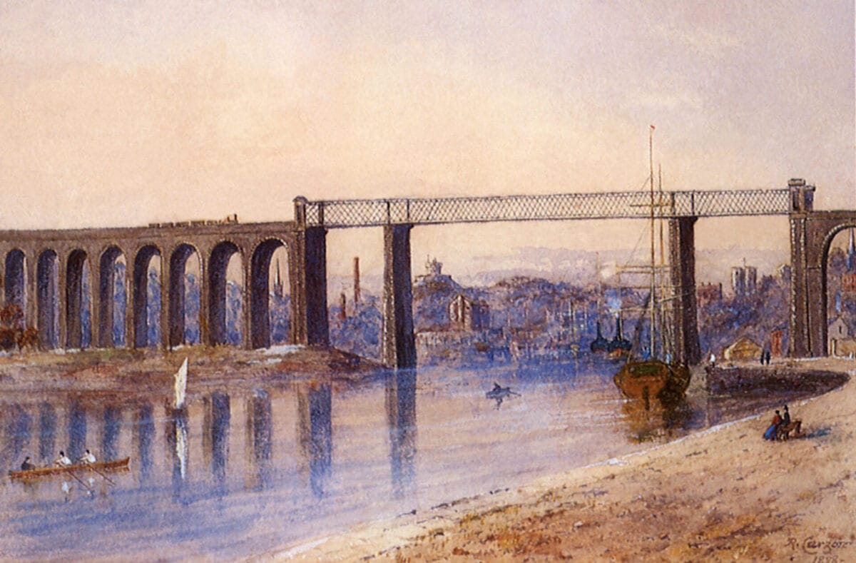 A painting of the Boyne Viaduct, that crosses the River Boyne in Drogheda, carrying the main Dublin–Belfast railway line.