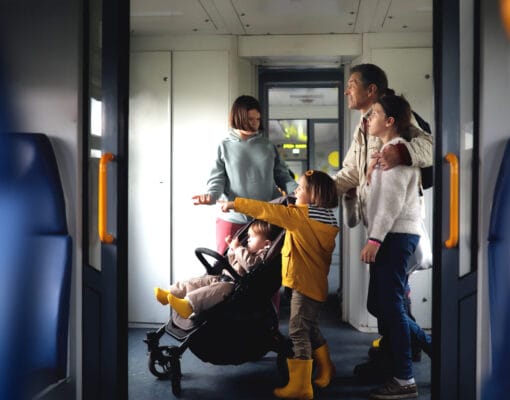 Family leaving a train