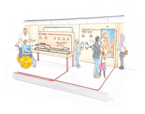 An artist's impression of the careers carriage. Adults and children are interacting with the displays