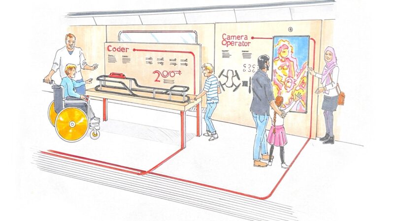 An artist's impression of the careers carriage. Adults and children are interacting with the displays