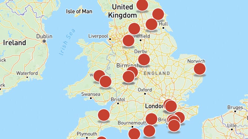 An image of the Railway 200 interactive map - the map of the U.K. with pins highlighting the event's location