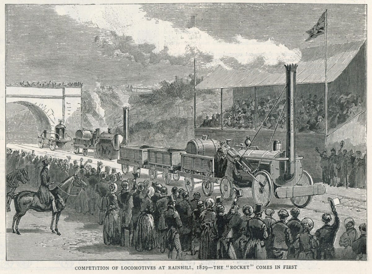 An illustration of the competition of locomotives at Rainhill