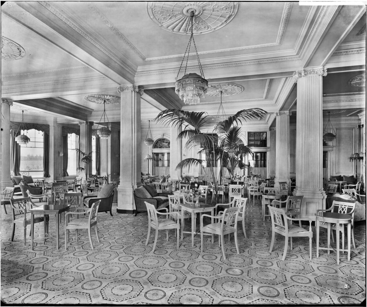 A black and white photo of the residents' lounge at the Gleneagles Hotel.