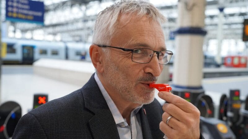 Network Rail’s acting chair Mike Putnam practises for the Railway 200 Whistle-Up at 12 noon on New Year’s Day