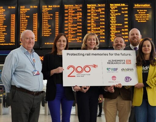 Railway 200 charity partners standing on the Waterloo platform