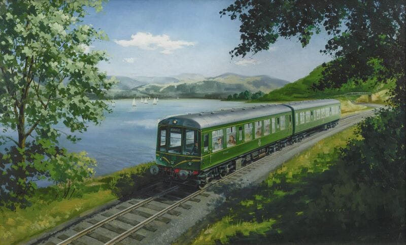 A painting of a diesel train on the Shore of Bassenthwaite Lake