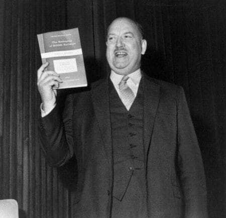 Dr. Richard Beeching at a press conference to announce his transformation of the rail network, 27 March 1963