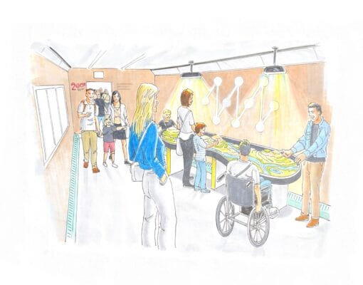 Artist's impression of visitors looking at train carriage displays